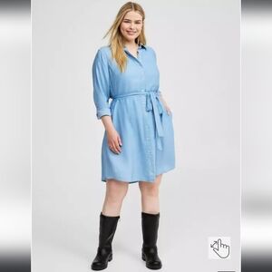 Torrid Mini Chambray Long Sleeve Button Front Tie Shirt Dress